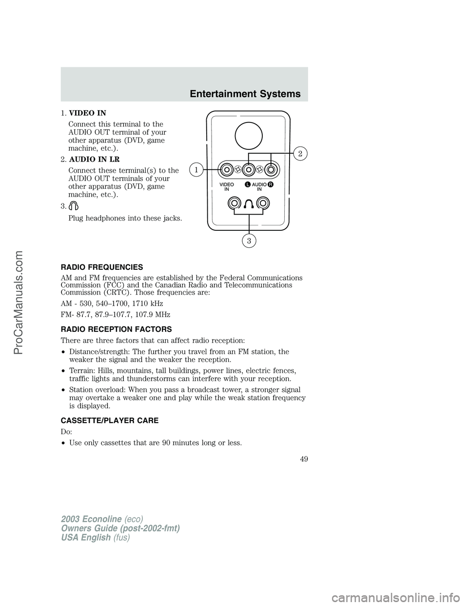 FORD E-150 2003 Service Manual 1.VIDEO IN
Connect this terminal to the
AUDIO OUT terminal of your
other apparatus (DVD, game
machine, etc.).
2.AUDIO IN LR
Connect these terminal(s) to the
AUDIO OUT terminals of your
other apparatus