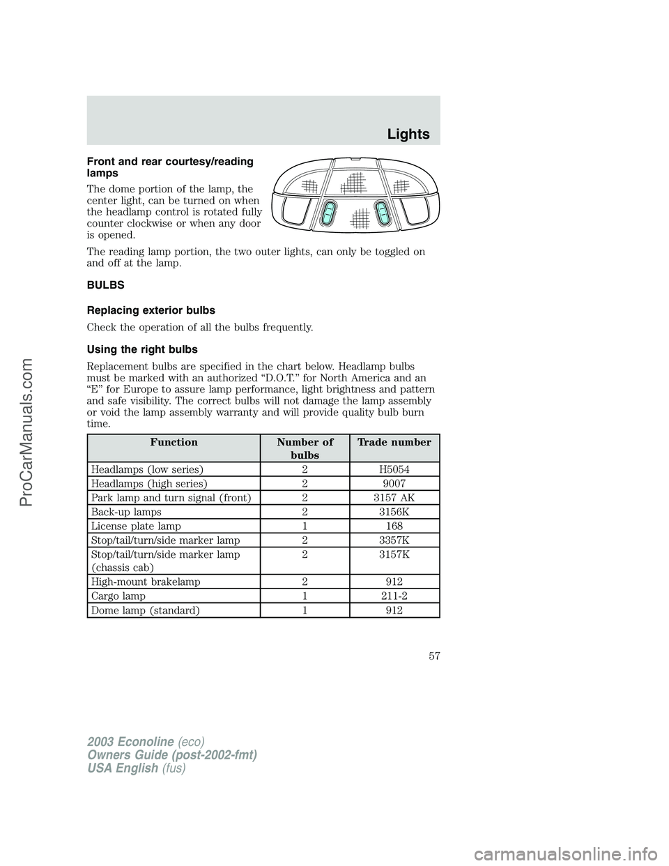 FORD E-150 2003  Owners Manual Front and rear courtesy/reading
lamps
The dome portion of the lamp, the
center light, can be turned on when
the headlamp control is rotated fully
counter clockwise or when any door
is opened.
The read