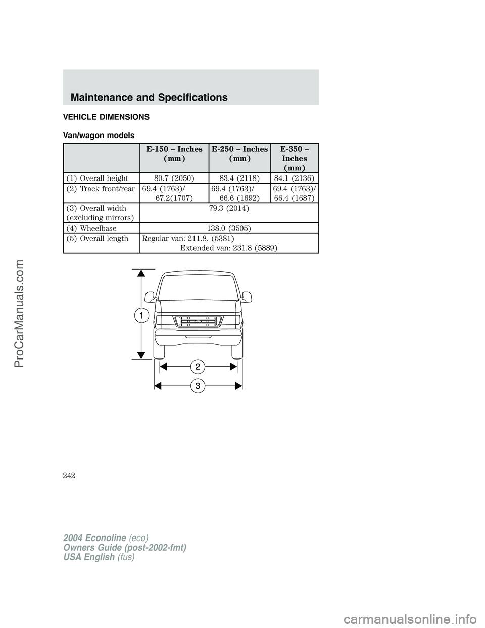 FORD E-150 2004  Owners Manual VEHICLE DIMENSIONS
Van/wagon models
E-150–Inches
(mm)E-250–Inches
(mm)E-350–
Inches
(mm)
(1) Overall height 80.7 (2050) 83.4 (2118) 84.1 (2136)
(2) Track front/rear 69.4 (1763)/
67.2(1707)69.4 (