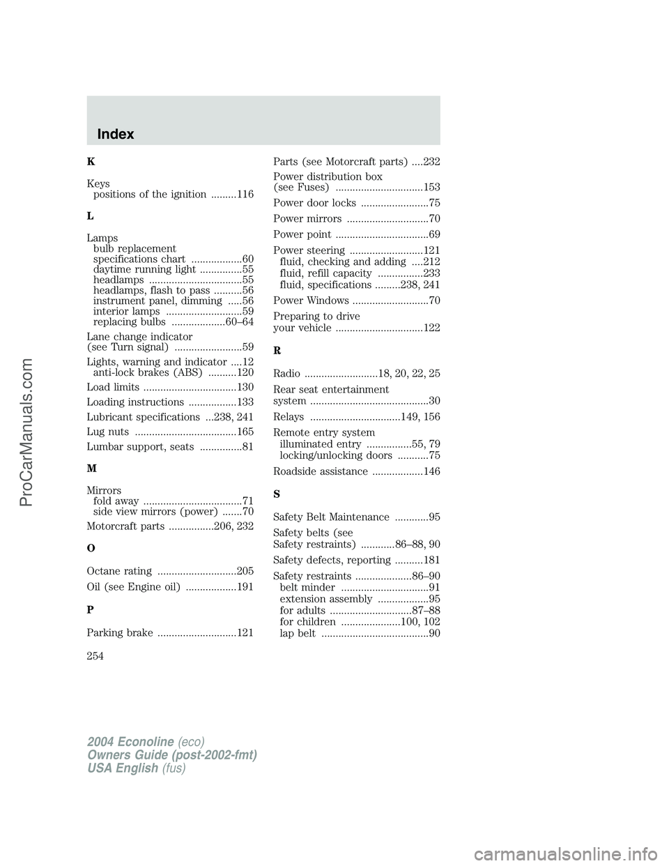 FORD E-150 2004 User Guide K
Keys
positions of the ignition .........116
L
Lamps
bulb replacement
specifications chart ..................60
daytime running light ...............55
headlamps .................................55
h