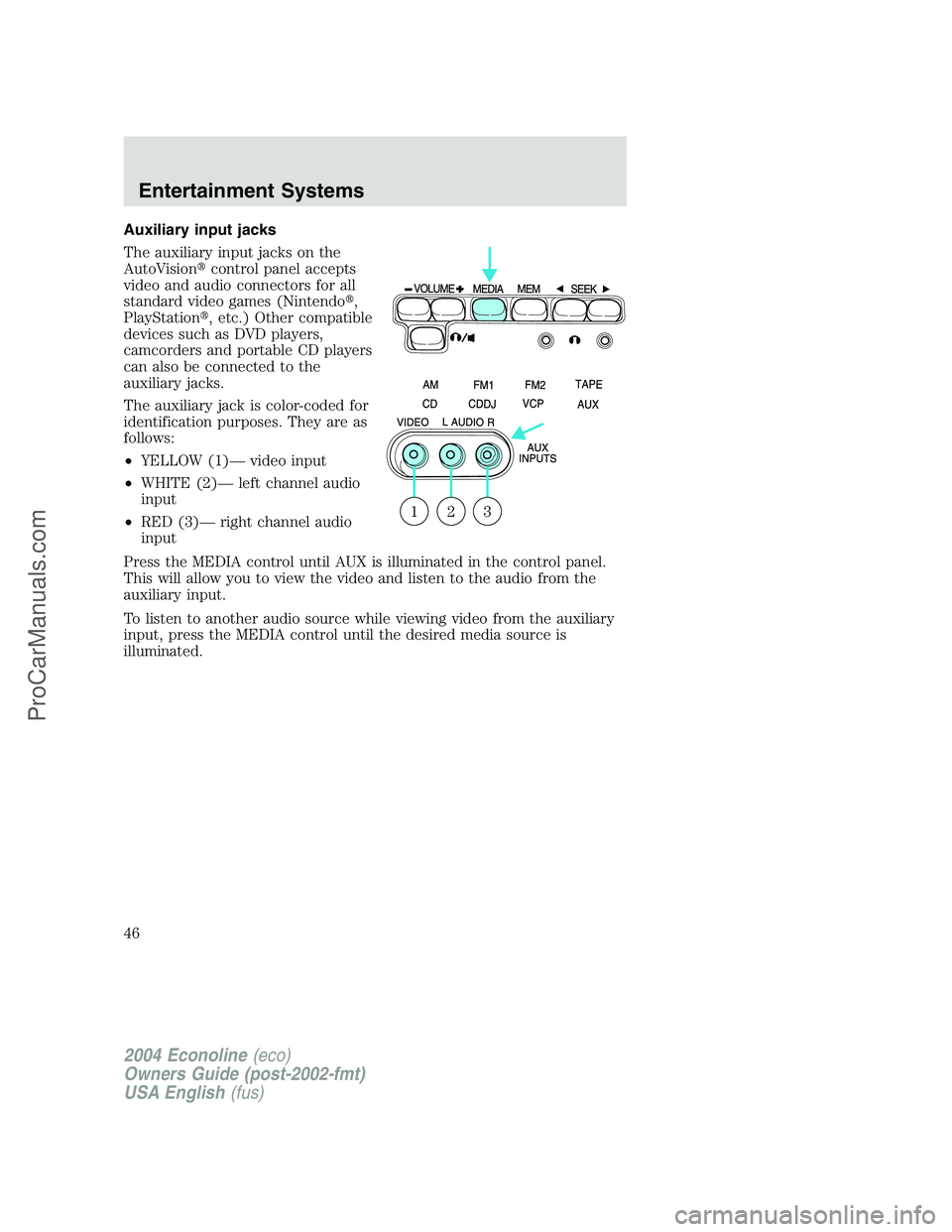 FORD E-150 2004 Service Manual Auxiliary input jacks
The auxiliary input jacks on the
AutoVisioncontrol panel accepts
video and audio connectors for all
standard video games (Nintendo,
PlayStation, etc.) Other compatible
devices