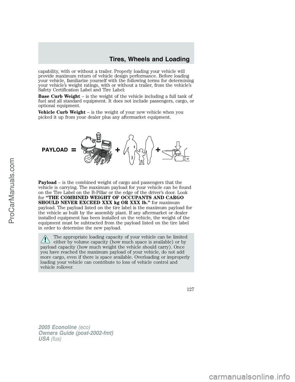 FORD E-150 2005 Owners Manual capability, with or without a trailer. Properly loading your vehicle will
provide maximum return of vehicle design performance. Before loading
your vehicle, familiarize yourself with the following ter FORD E-150 2005 Owners Manual capability, with or without a trailer. Properly loading your vehicle will
provide maximum return of vehicle design performance. Before loading
your vehicle, familiarize yourself with the following ter