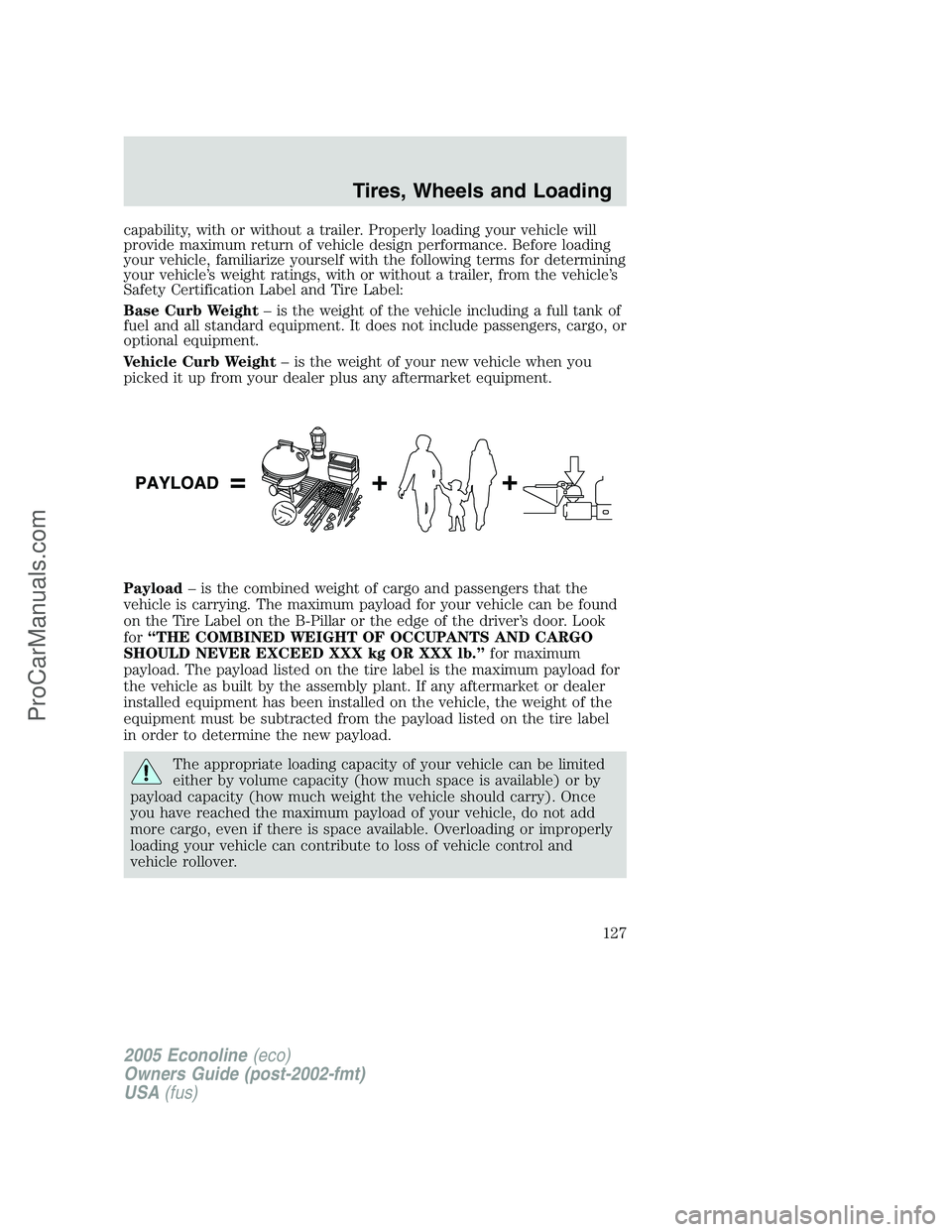 FORD E-150 2005  Owners Manual capability, with or without a trailer. Properly loading your vehicle will
provide maximum return of vehicle design performance. Before loading
your vehicle, familiarize yourself with the following ter