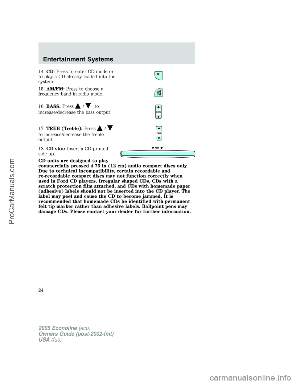 FORD E-150 2005 Owners Manual 14.CD: Press to enter CD mode or
to play a CD already loaded into the
system.
15.AM/FM:Press to choose a
frequency band in radio mode.
16.BASS:Press
/to
increase/decrease the bass output.
17.TREB (Tre FORD E-150 2005 Owners Manual 14.CD: Press to enter CD mode or
to play a CD already loaded into the
system.
15.AM/FM:Press to choose a
frequency band in radio mode.
16.BASS:Press
/to
increase/decrease the bass output.
17.TREB (Tre