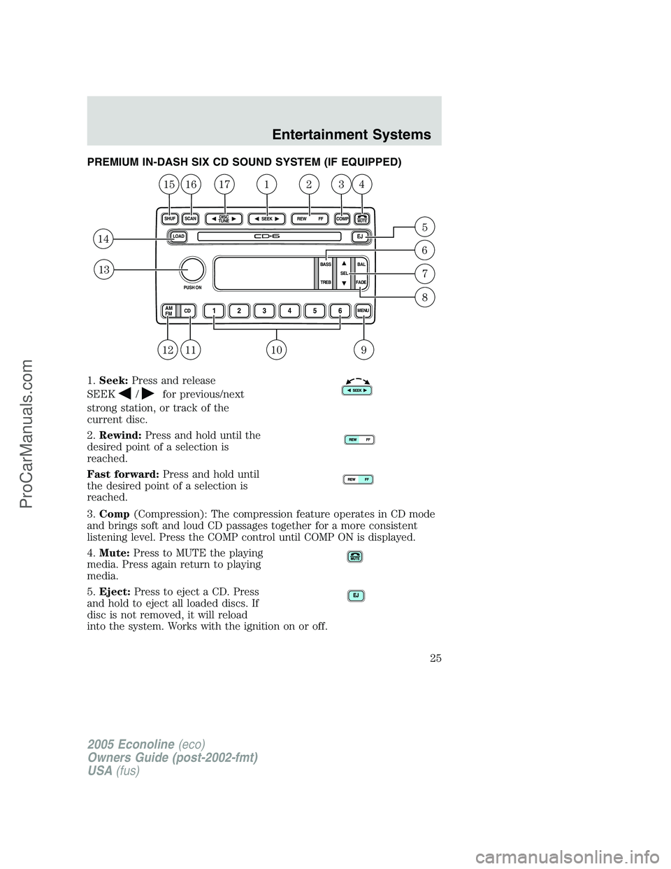 FORD E-150 2005 Owners Manual PREMIUM IN-DASH SIX CD SOUND SYSTEM (IF EQUIPPED)
1.Seek:Press and release
SEEK
/for previous/next
strong station, or track of the
current disc.
2.Rewind:Press and hold until the
desired point of a se FORD E-150 2005 Owners Manual PREMIUM IN-DASH SIX CD SOUND SYSTEM (IF EQUIPPED)
1.Seek:Press and release
SEEK
/for previous/next
strong station, or track of the
current disc.
2.Rewind:Press and hold until the
desired point of a se