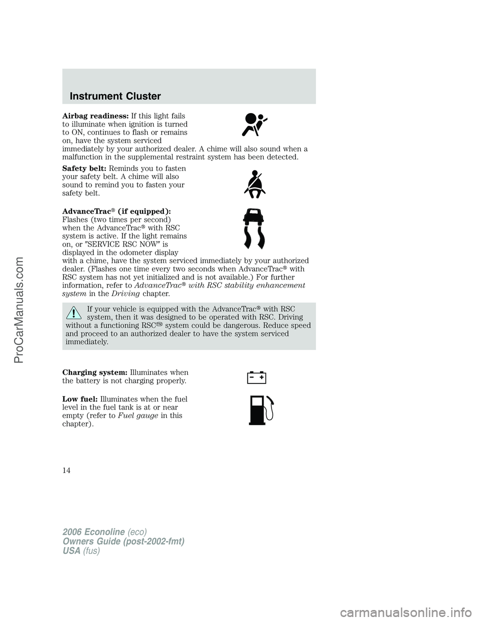 FORD E-150 2006  Owners Manual Airbag readiness:If this light fails
to illuminate when ignition is turned
to ON, continues to flash or remains
on, have the system serviced
immediately by your authorized dealer. A chime will also so