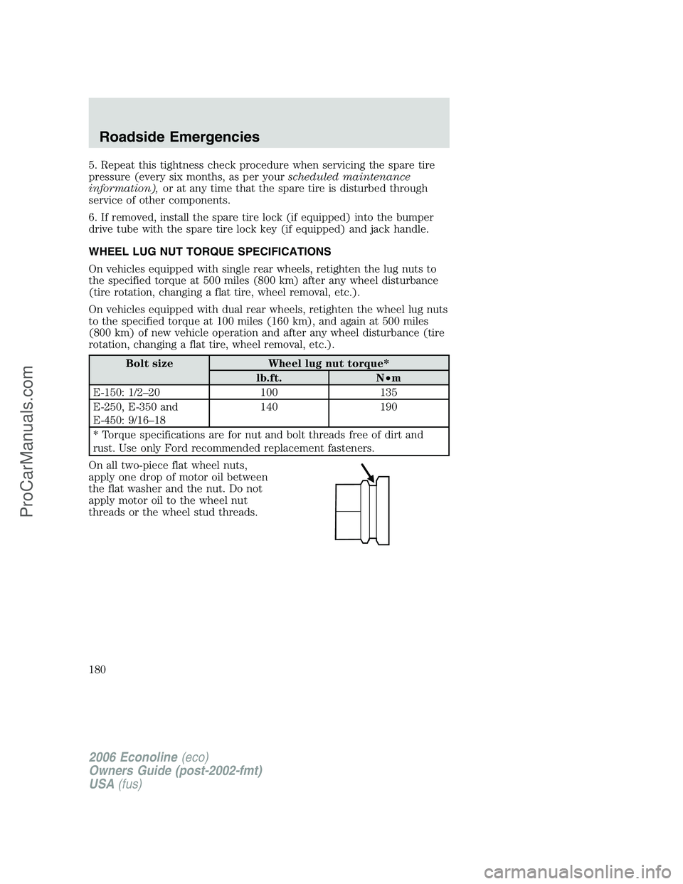 FORD E-150 2006  Owners Manual 5. Repeat this tightness check procedure when servicing the spare tire
pressure (every six months, as per yourscheduled maintenance
information),or at any time that the spare tire is disturbed through