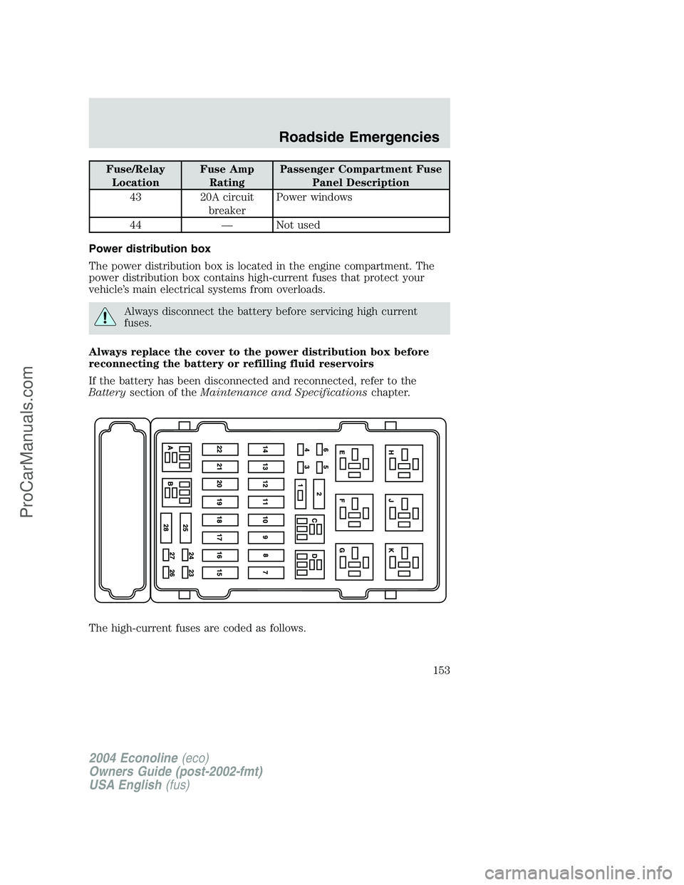 FORD E-250 2004 Owners Manual Fuse/Relay
LocationFuse Amp
RatingPassenger Compartment Fuse
Panel Description
43 20A circuit
breakerPower windows
44—Not used
Power distribution box
The power distribution box is located in the eng FORD E-250 2004 Owners Manual Fuse/Relay
LocationFuse Amp
RatingPassenger Compartment Fuse
Panel Description
43 20A circuit
breakerPower windows
44—Not used
Power distribution box
The power distribution box is located in the eng