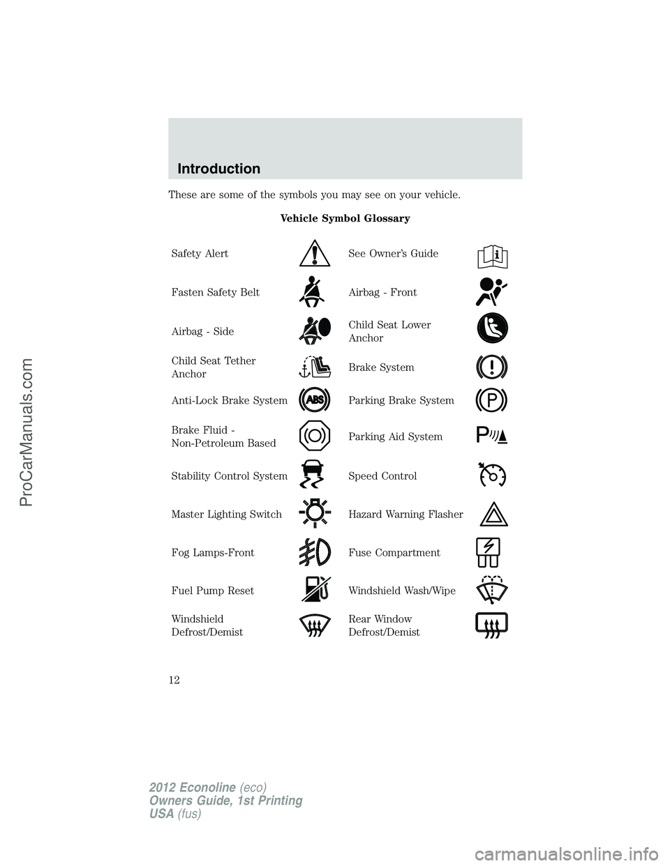 FORD E-250 2012 User Guide These are some of the symbols you may see on your vehicle.
Vehicle Symbol Glossary
Safety Alert
See Owner’s Guide
Fasten Safety BeltAirbag - Front
Airbag - SideChild Seat Lower
Anchor
Child Seat Tet