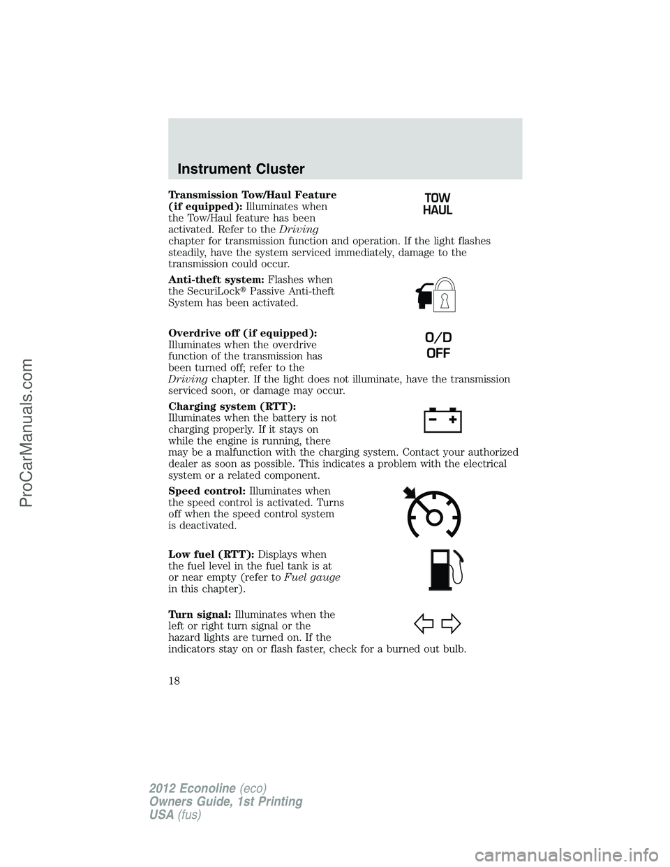 FORD E-250 2012 User Guide Transmission Tow/Haul Feature
(if equipped):Illuminates when
the Tow/Haul feature has been
activated. Refer to theDriving
chapter for transmission function and operation. If the light flashes
steadily