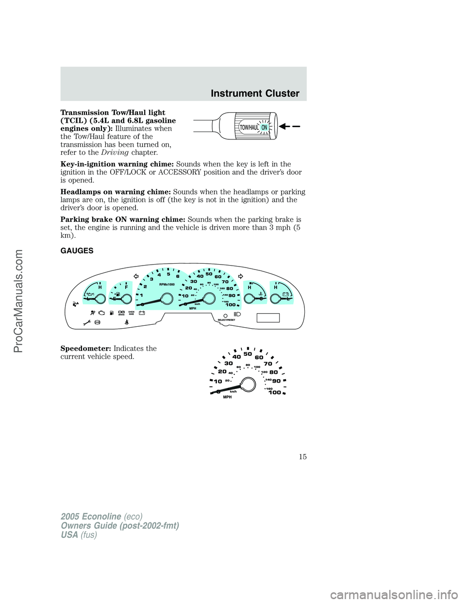 FORD E-250 2005 User Guide Transmission Tow/Haul light
(TCIL) (5.4L and 6.8L gasoline
engines only):Illuminates when
the Tow/Haul feature of the
transmission has been turned on,
refer to theDrivingchapter.
Key-in-ignition warni FORD E-250 2005 User Guide Transmission Tow/Haul light
(TCIL) (5.4L and 6.8L gasoline
engines only):Illuminates when
the Tow/Haul feature of the
transmission has been turned on,
refer to theDrivingchapter.
Key-in-ignition warni
