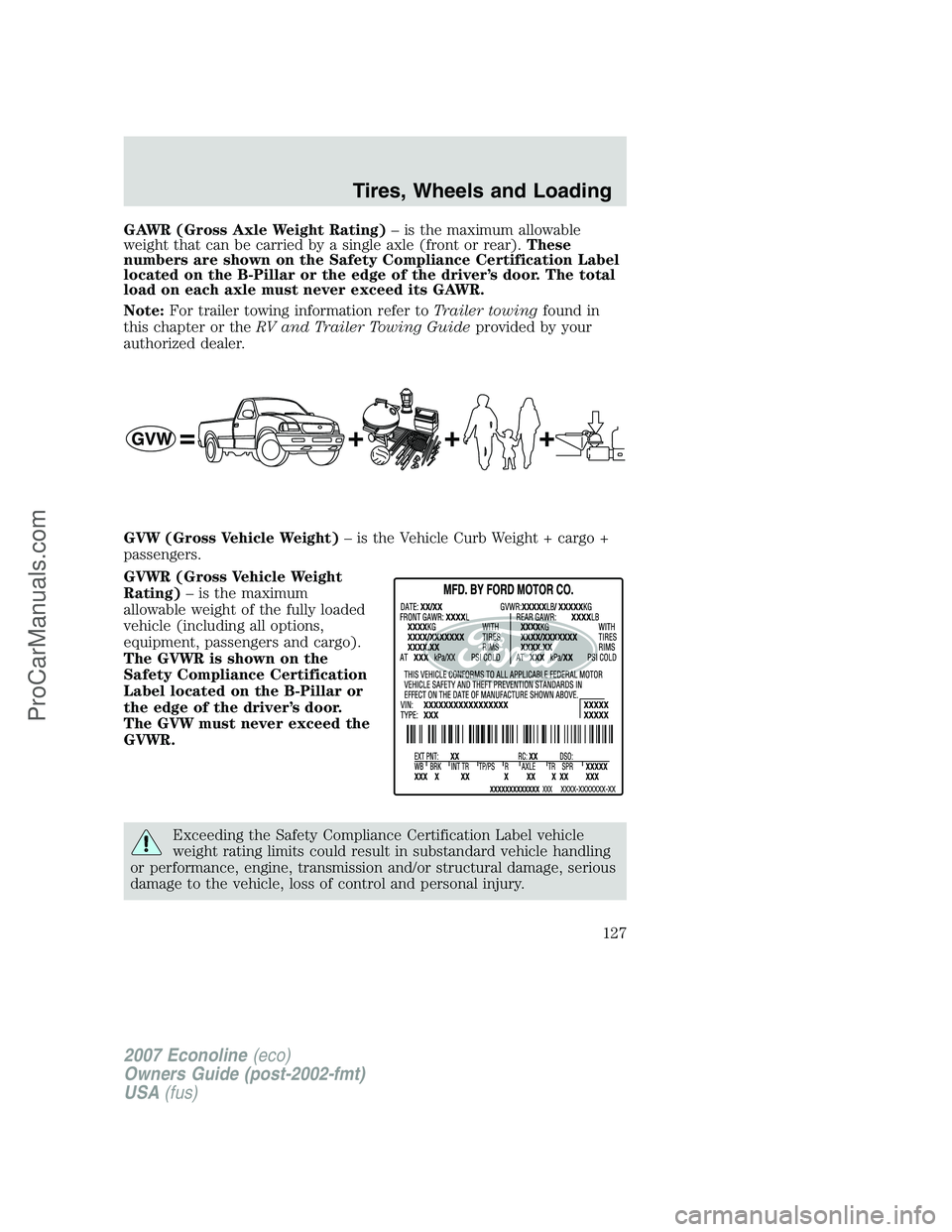 FORD E-250 2007 Owners Manual GAWR (Gross Axle Weight Rating)– is the maximum allowable
weight that can be carried by a single axle (front or rear).These
numbers are shown on the Safety Compliance Certification Label
located on FORD E-250 2007 Owners Manual GAWR (Gross Axle Weight Rating)– is the maximum allowable
weight that can be carried by a single axle (front or rear).These
numbers are shown on the Safety Compliance Certification Label
located on