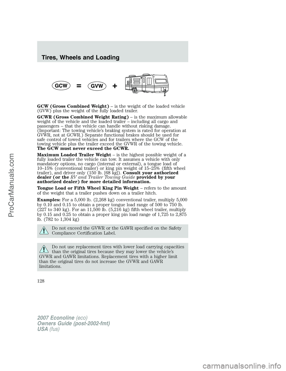 FORD E-250 2007 Owners Manual GCW (Gross Combined Weight)– is the weight of the loaded vehicle
(GVW) plus the weight of the fully loaded trailer.
GCWR (Gross Combined Weight Rating)– is the maximum allowable
weight of the vehi FORD E-250 2007 Owners Manual GCW (Gross Combined Weight)– is the weight of the loaded vehicle
(GVW) plus the weight of the fully loaded trailer.
GCWR (Gross Combined Weight Rating)– is the maximum allowable
weight of the vehi