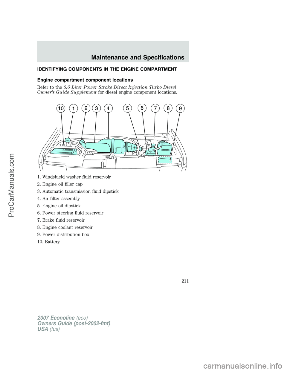FORD E-250 2007 Owners Manual IDENTIFYING COMPONENTS IN THE ENGINE COMPARTMENT
Engine compartment component locations
Refer to the6.0 Liter Power Stroke Direct Injection Turbo Diesel
Owner’s Guide Supplementfor diesel engine com FORD E-250 2007 Owners Manual IDENTIFYING COMPONENTS IN THE ENGINE COMPARTMENT
Engine compartment component locations
Refer to the6.0 Liter Power Stroke Direct Injection Turbo Diesel
Owner’s Guide Supplementfor diesel engine com