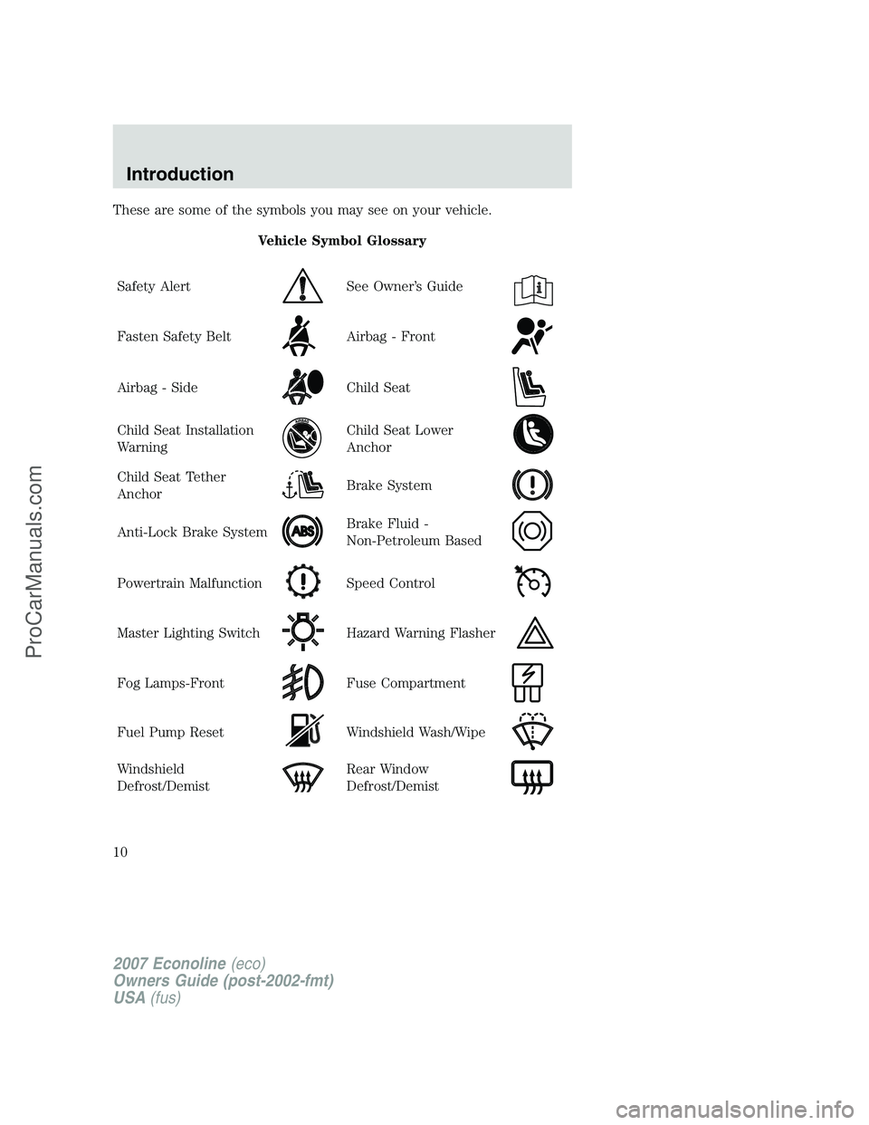FORD E-250 2007 Owners Manual These are some of the symbols you may see on your vehicle.
Vehicle Symbol Glossary
Safety Alert
See Owner’s Guide
Fasten Safety BeltAirbag - Front
Airbag - SideChild Seat
Child Seat Installation
War FORD E-250 2007 Owners Manual These are some of the symbols you may see on your vehicle.
Vehicle Symbol Glossary
Safety Alert
See Owner’s Guide
Fasten Safety BeltAirbag - Front
Airbag - SideChild Seat
Child Seat Installation
War