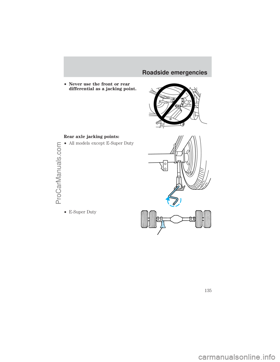FORD E-250 2001 Owners Manual ²Never use the front or rear
differential as a jacking point.
Rear axle jacking points:
²All models except E-Super Duty
²E-Super Duty
Roadside emergencies
135
ProCarManuals.com FORD E-250 2001 Owners Manual ²Never use the front or rear
differential as a jacking point.
Rear axle jacking points:
²All models except E-Super Duty
²E-Super Duty
Roadside emergencies
135
ProCarManuals.com