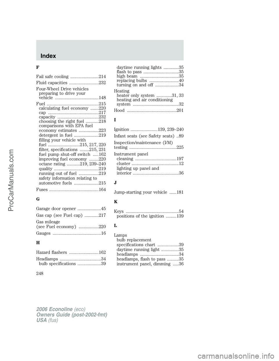 FORD E-250 2006  Owners Manual F
Fail safe cooling ........................214
Fluid capacities .........................232
Four-Wheel Drive vehicles
preparing to drive your
vehicle .....................................148
Fuel ..