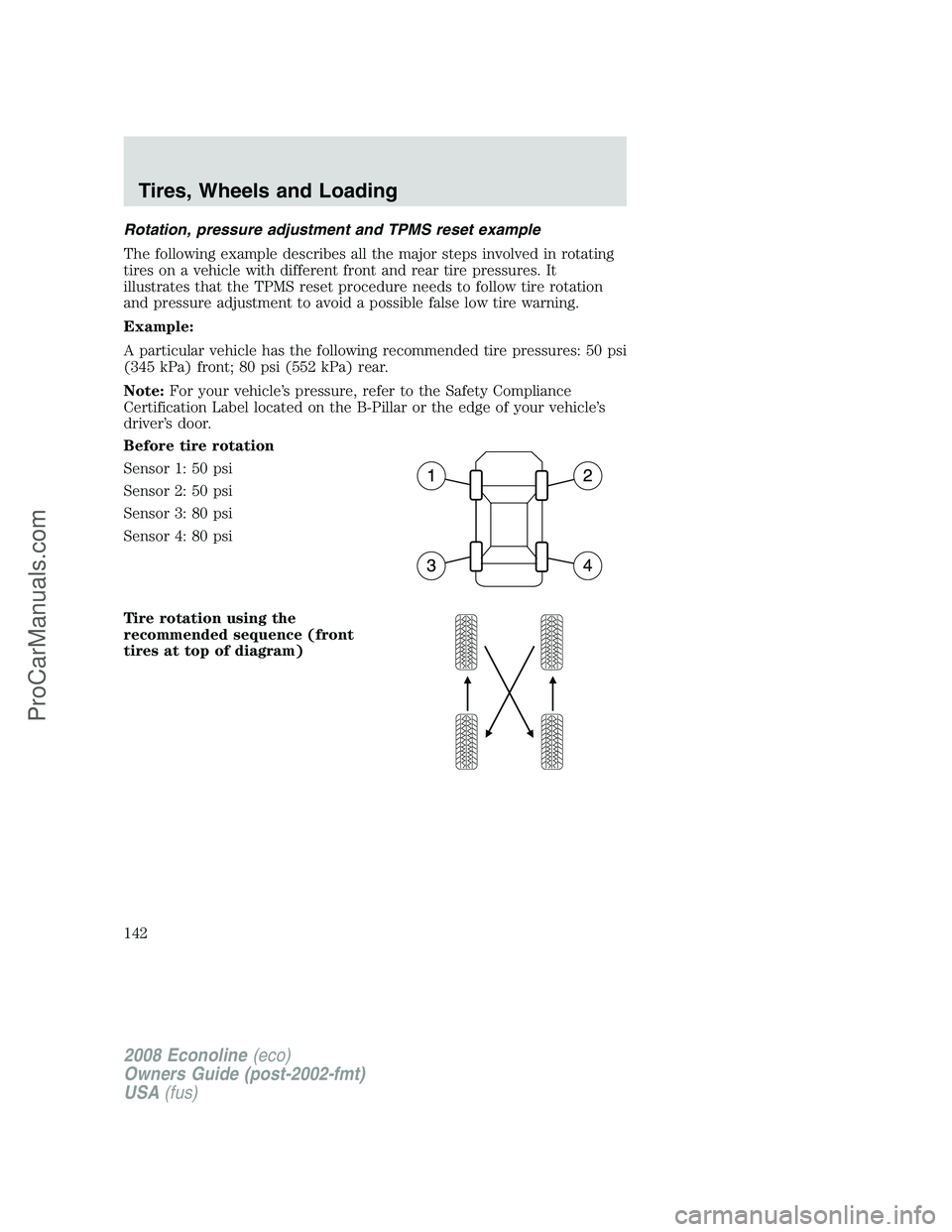 FORD E-250 2008  Owners Manual Rotation, pressure adjustment and TPMS reset example
The following example describes all the major steps involved in rotating
tires on a vehicle with different front and rear tire pressures. It
illust