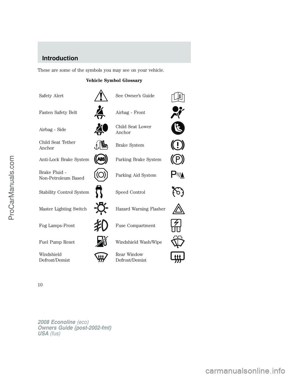 FORD E-250 2008  Owners Manual These are some of the symbols you may see on your vehicle.
Vehicle Symbol Glossary
Safety Alert
See Owner’s Guide
Fasten Safety BeltAirbag - Front
Airbag - SideChild Seat Lower
Anchor
Child Seat Tet