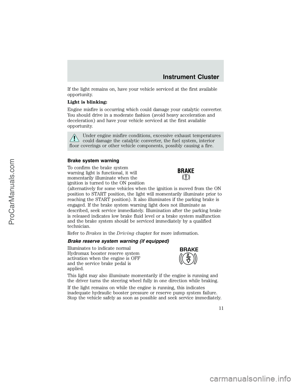 FORD E-250 2002 User Guide If the light remains on, have your vehicle serviced at the first available
opportunity.
Light is blinking:
Engine misfire is occurring which could damage your catalytic converter.
You should drive in 