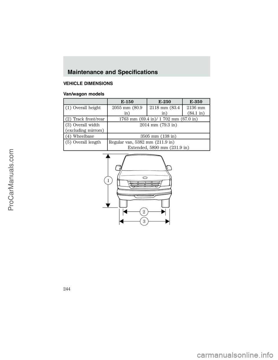 FORD E-250 2002 Owners Manual VEHICLE DIMENSIONS
Van/wagon models
E-150 E-250 E-350
(1) Overall height 2055 mm (80.9
in)2118 mm (83.4
in)2136 mm
(84.1 in)
(2) Track front/rear 1763 mm (69.4 in)/ 1 702 mm (67.0 in)
(3) Overall widt FORD E-250 2002 Owners Manual VEHICLE DIMENSIONS
Van/wagon models
E-150 E-250 E-350
(1) Overall height 2055 mm (80.9
in)2118 mm (83.4
in)2136 mm
(84.1 in)
(2) Track front/rear 1763 mm (69.4 in)/ 1 702 mm (67.0 in)
(3) Overall widt