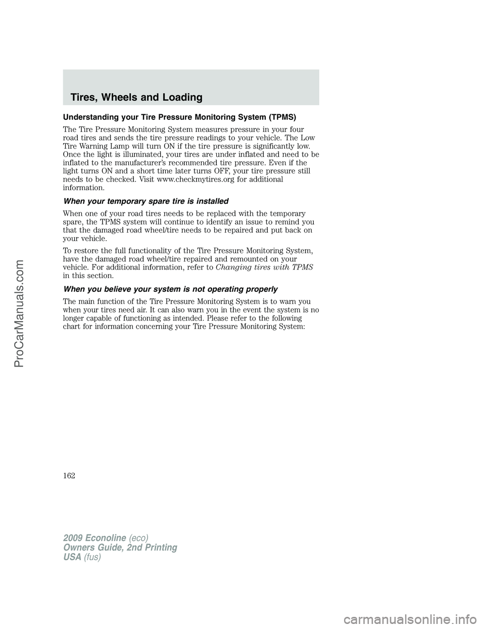 FORD E-250 2009  Owners Manual Understanding your Tire Pressure Monitoring System (TPMS)
The Tire Pressure Monitoring System measures pressure in your four
road tires and sends the tire pressure readings to your vehicle. The Low
Ti