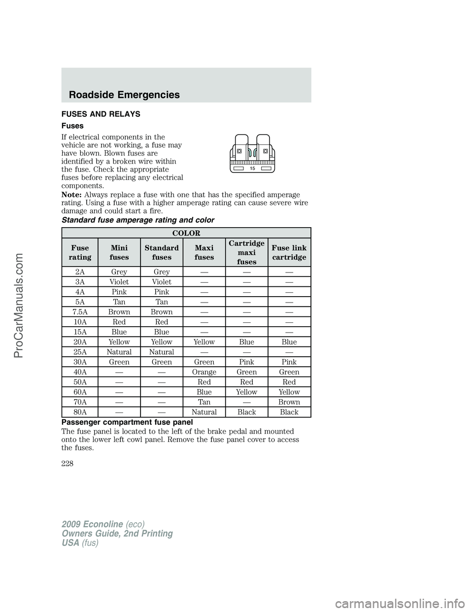 FORD E-250 2009 Owners Manual FUSES AND RELAYS
Fuses
If electrical components in the
vehicle are not working, a fuse may
have blown. Blown fuses are
identified by a broken wire within
the fuse. Check the appropriate
fuses before r FORD E-250 2009 Owners Manual FUSES AND RELAYS
Fuses
If electrical components in the
vehicle are not working, a fuse may
have blown. Blown fuses are
identified by a broken wire within
the fuse. Check the appropriate
fuses before r