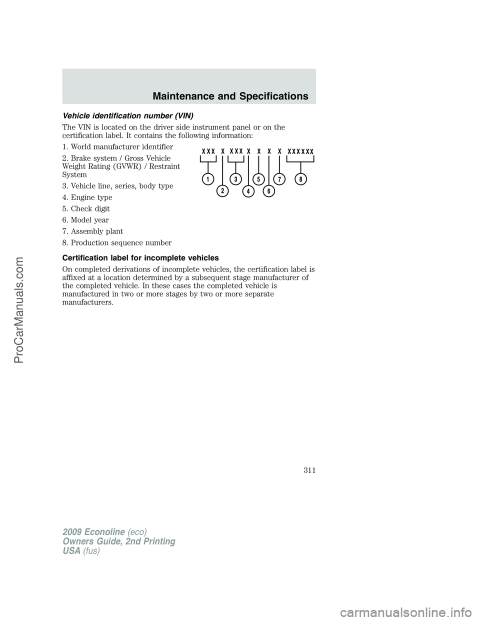 FORD E-250 2009 Owners Manual Vehicle identification number (VIN)
The VIN is located on the driver side instrument panel or on the
certification label. It contains the following information:
1. World manufacturer identifier
2. Bra FORD E-250 2009 Owners Manual Vehicle identification number (VIN)
The VIN is located on the driver side instrument panel or on the
certification label. It contains the following information:
1. World manufacturer identifier
2. Bra