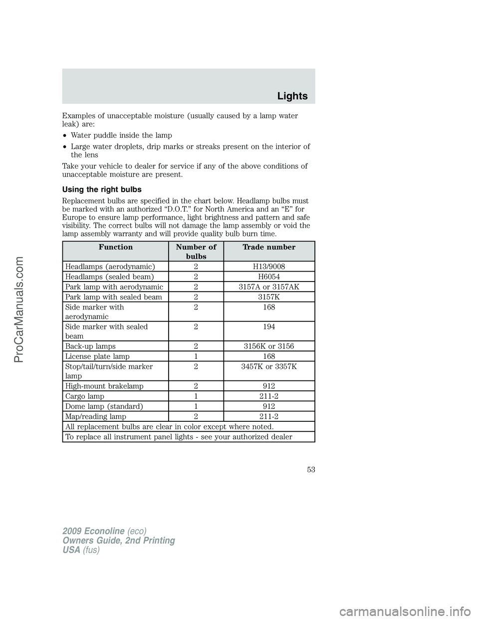 FORD E-250 2009 Workshop Manual Examples of unacceptable moisture (usually caused by a lamp water
leak) are:
•Water puddle inside the lamp
•Large water droplets, drip marks or streaks present on the interior of
the lens
Take you FORD E-250 2009 Workshop Manual Examples of unacceptable moisture (usually caused by a lamp water
leak) are:
•Water puddle inside the lamp
•Large water droplets, drip marks or streaks present on the interior of
the lens
Take you