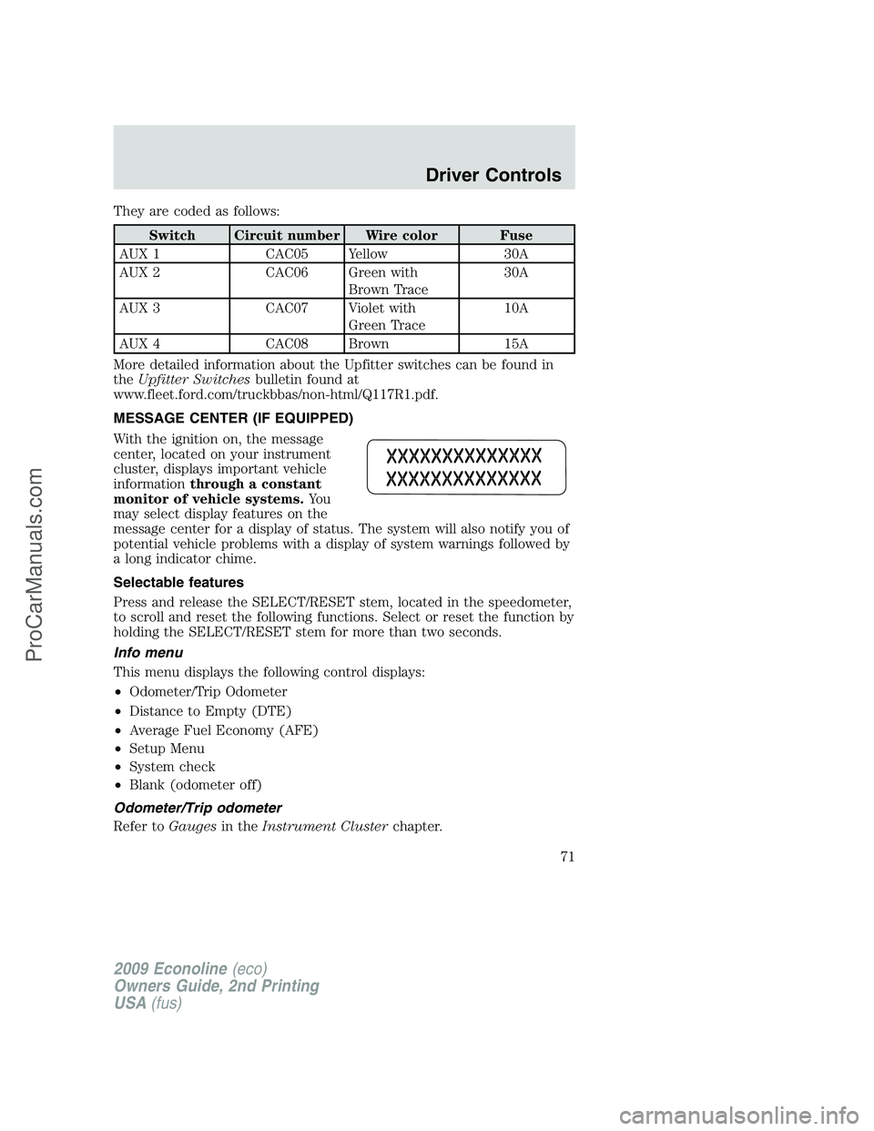 FORD E-250 2009 Manual PDF They are coded as follows:
Switch Circuit number Wire color Fuse
AUX 1 CAC05 Yellow 30A
AUX 2 CAC06 Green with
Brown Trace30A
AUX 3 CAC07 Violet with
Green Trace10A
AUX 4 CAC08 Brown 15A
More detailed