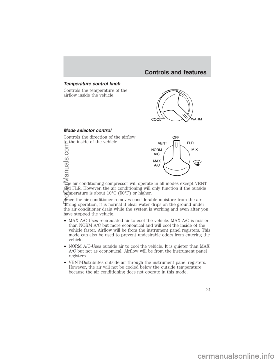 FORD E-350 2000 Owners Manual Temperature control knob
Controls the temperature of the
airflow inside the vehicle.
Mode selector control
Controls the direction of the airflow
to the inside of the vehicle.
The air conditioning comp