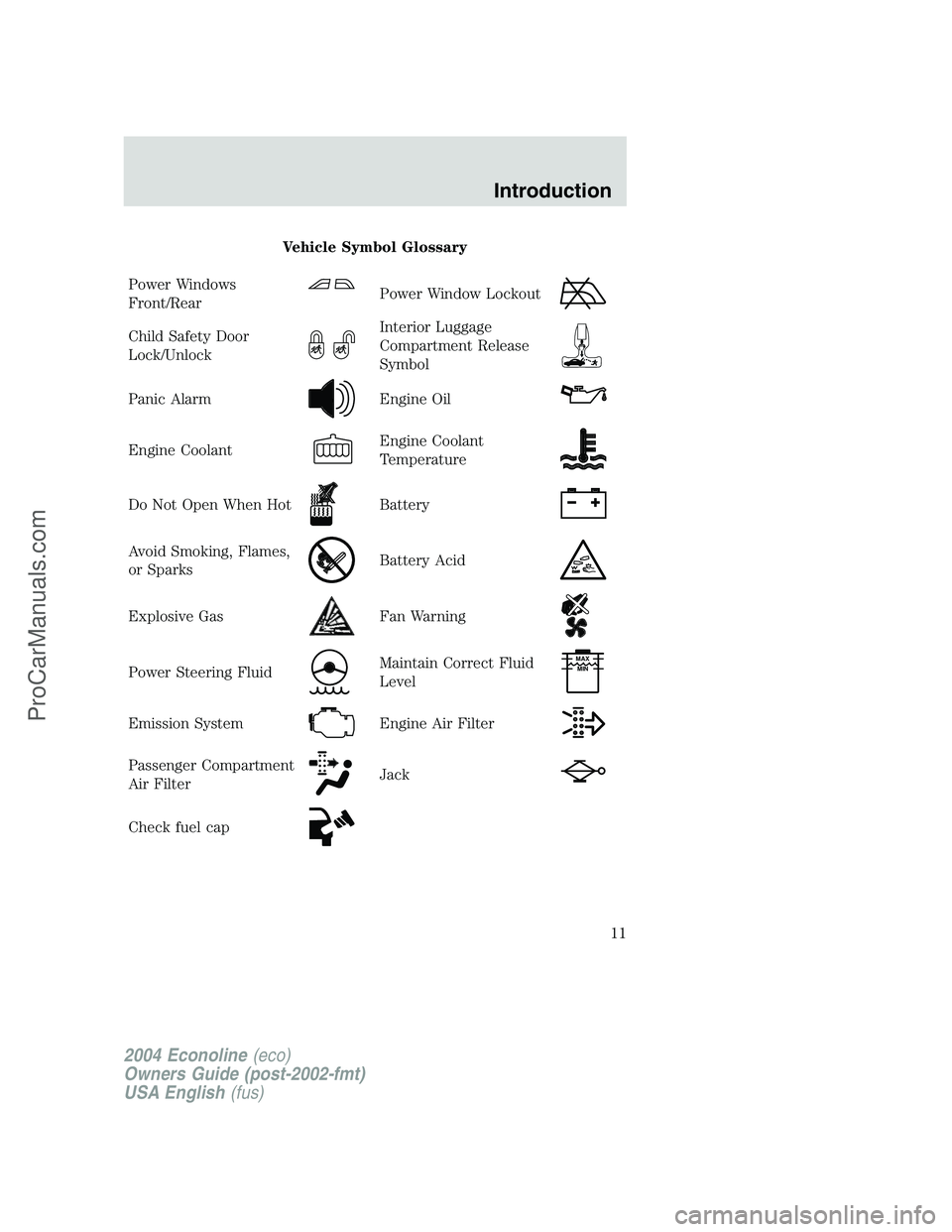 FORD E-350 2004 User Guide Vehicle Symbol Glossary
Power Windows
Front/Rear
Power Window Lockout
Child Safety Door
Lock/UnlockInterior Luggage
Compartment Release
Symbol
Panic AlarmEngine Oil
Engine CoolantEngine Coolant
Temper