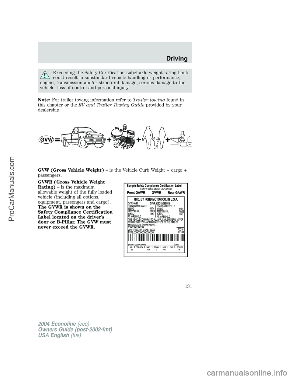 FORD E-350 2004 Owners Manual Exceeding the Safety Certification Label axle weight rating limits
could result in substandard vehicle handling or performance,
engine, transmission and/or structural damage, serious damage to the
veh FORD E-350 2004 Owners Manual Exceeding the Safety Certification Label axle weight rating limits
could result in substandard vehicle handling or performance,
engine, transmission and/or structural damage, serious damage to the
veh