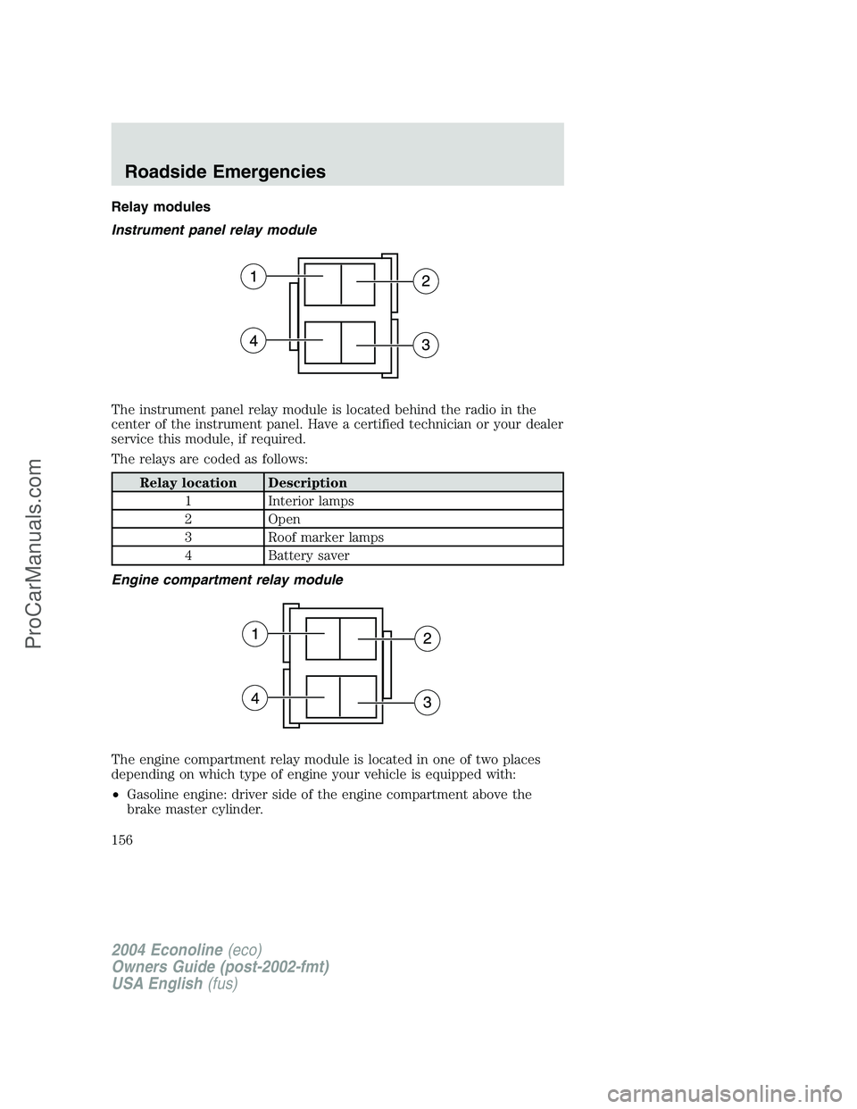FORD E-350 2004 Owners Manual Relay modules
Instrument panel relay module
The instrument panel relay module is located behind the radio in the
center of the instrument panel. Have a certified technician or your dealer
service this FORD E-350 2004 Owners Manual Relay modules
Instrument panel relay module
The instrument panel relay module is located behind the radio in the
center of the instrument panel. Have a certified technician or your dealer
service this