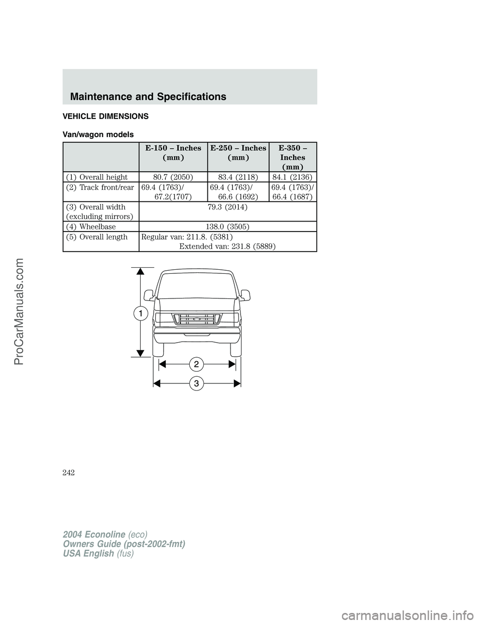 FORD E-350 2004  Owners Manual VEHICLE DIMENSIONS
Van/wagon models
E-150–Inches
(mm)E-250–Inches
(mm)E-350–
Inches
(mm)
(1) Overall height 80.7 (2050) 83.4 (2118) 84.1 (2136)
(2) Track front/rear 69.4 (1763)/
67.2(1707)69.4 (