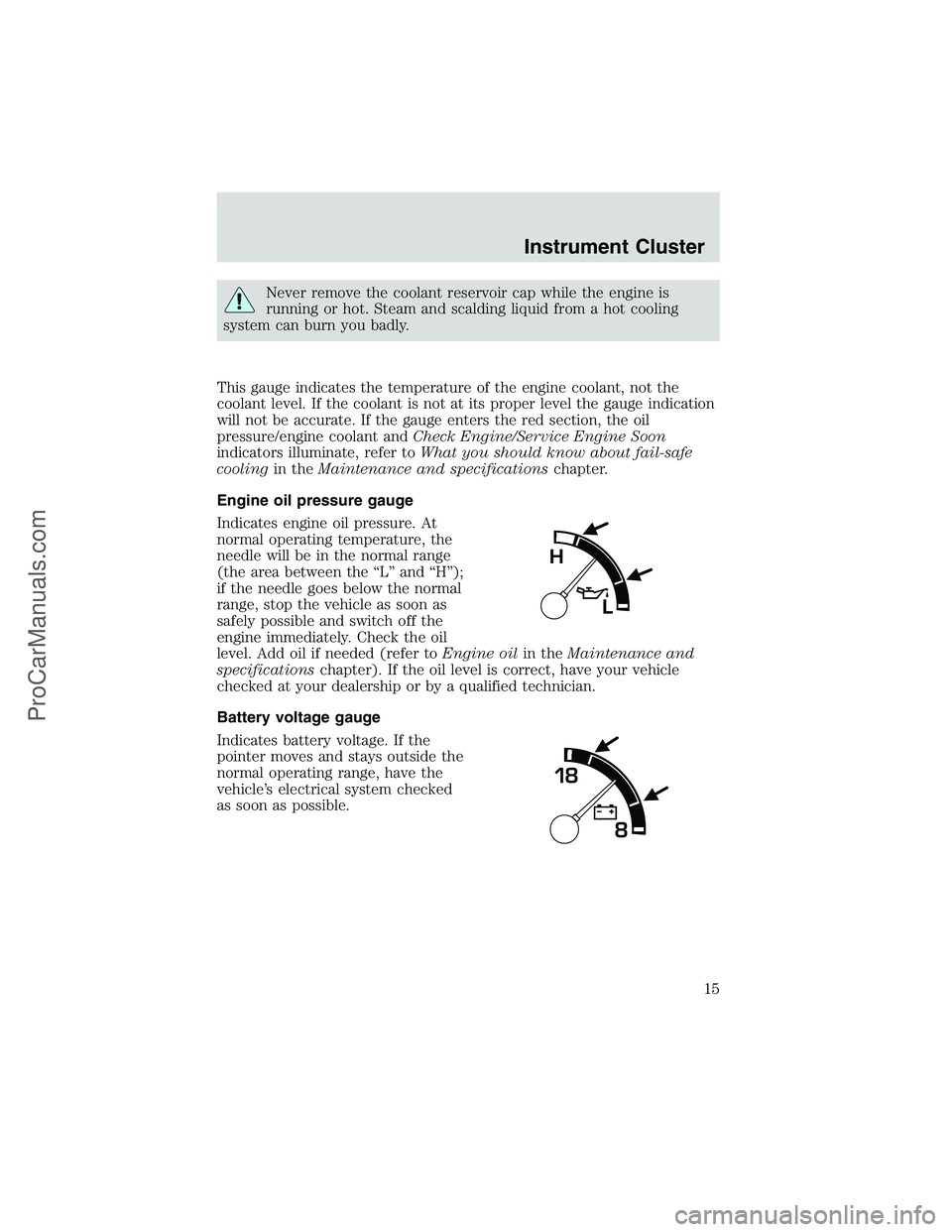FORD E-350 2002 User Guide Never remove the coolant reservoir cap while the engine is
running or hot. Steam and scalding liquid from a hot cooling
system can burn you badly.
This gauge indicates the temperature of the engine co