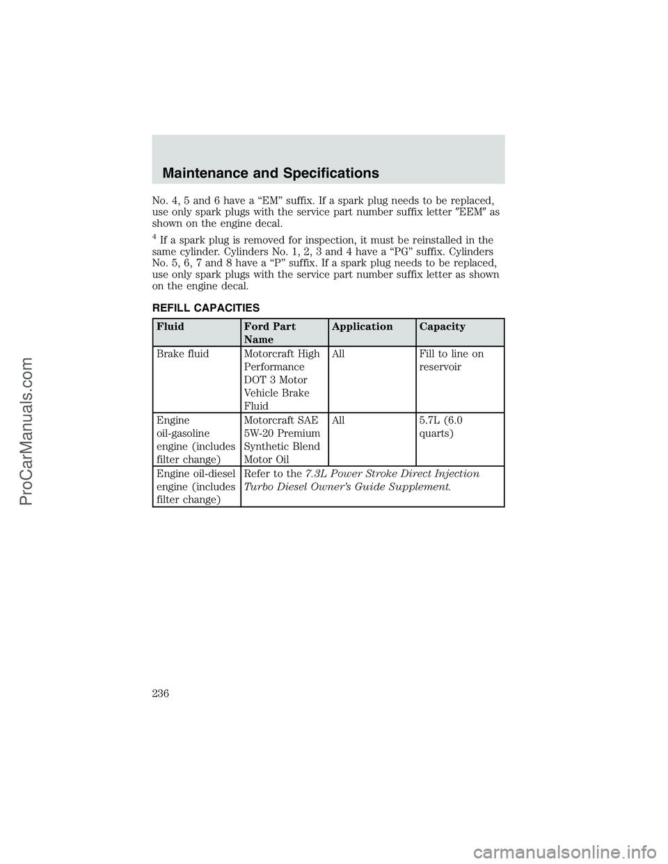 FORD E-350 2002  Owners Manual No. 4, 5 and 6 have a“EM”suffix. If a spark plug needs to be replaced,
use only spark plugs with the service part number suffix letterEEMas
shown on the engine decal.
4If a spark plug is removed