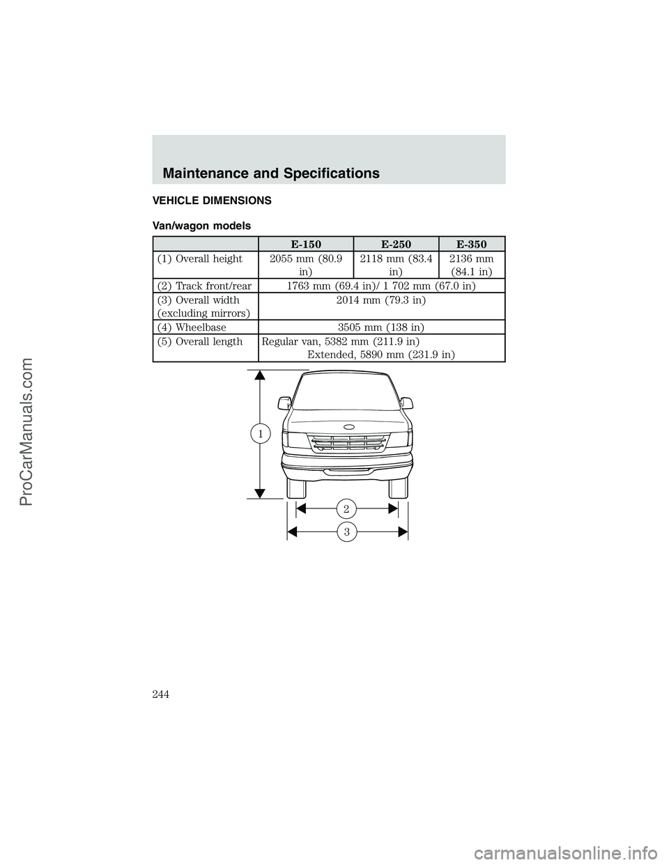 FORD E-350 2002 Repair Manual VEHICLE DIMENSIONS
Van/wagon models
E-150 E-250 E-350
(1) Overall height 2055 mm (80.9
in)2118 mm (83.4
in)2136 mm
(84.1 in)
(2) Track front/rear 1763 mm (69.4 in)/ 1 702 mm (67.0 in)
(3) Overall widt
