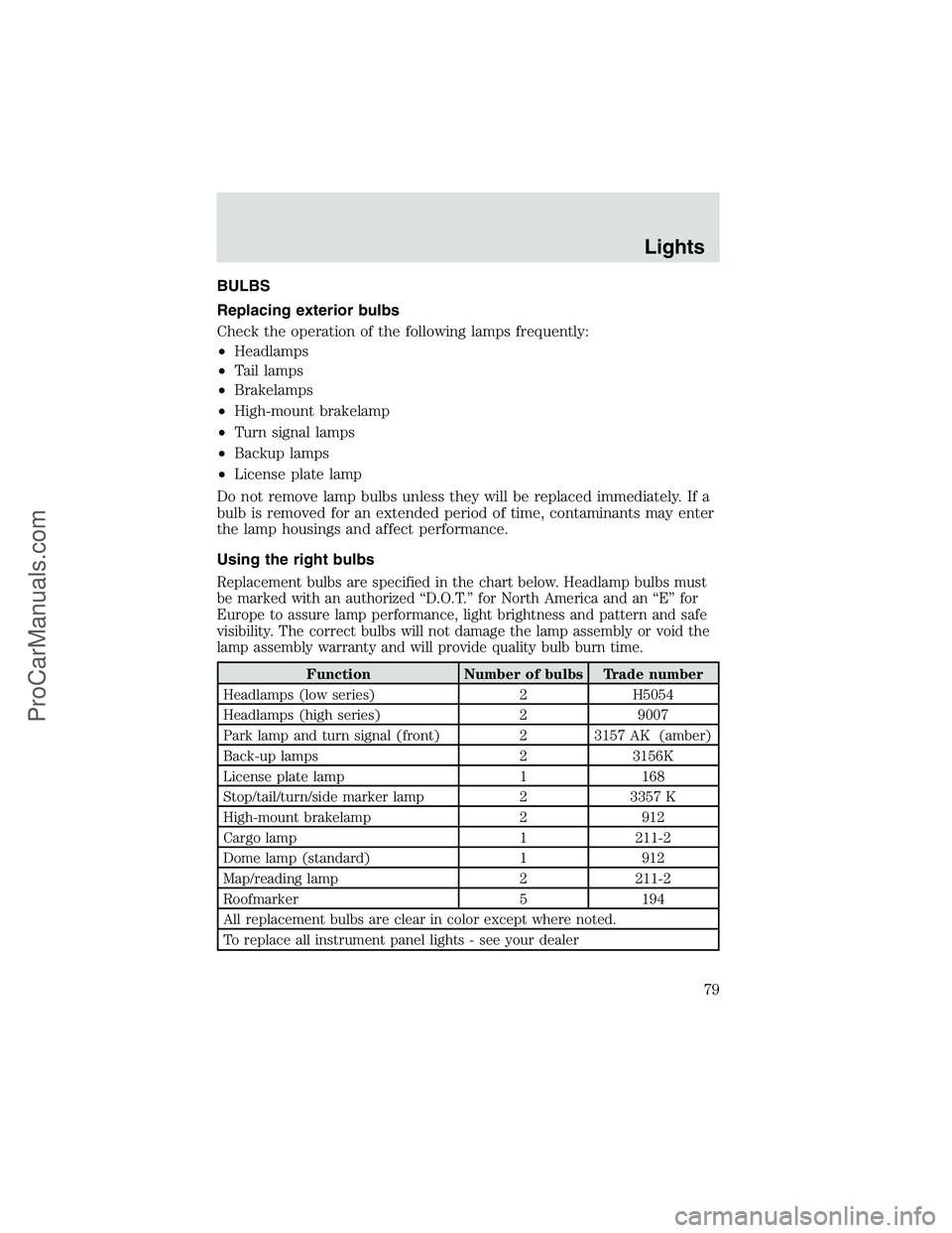 FORD E-350 2002  Owners Manual BULBS
Replacing exterior bulbs
Check the operation of the following lamps frequently:
•Headlamps
•Tail lamps
•Brakelamps
•High-mount brakelamp
•Turn signal lamps
•Backup lamps
•License p