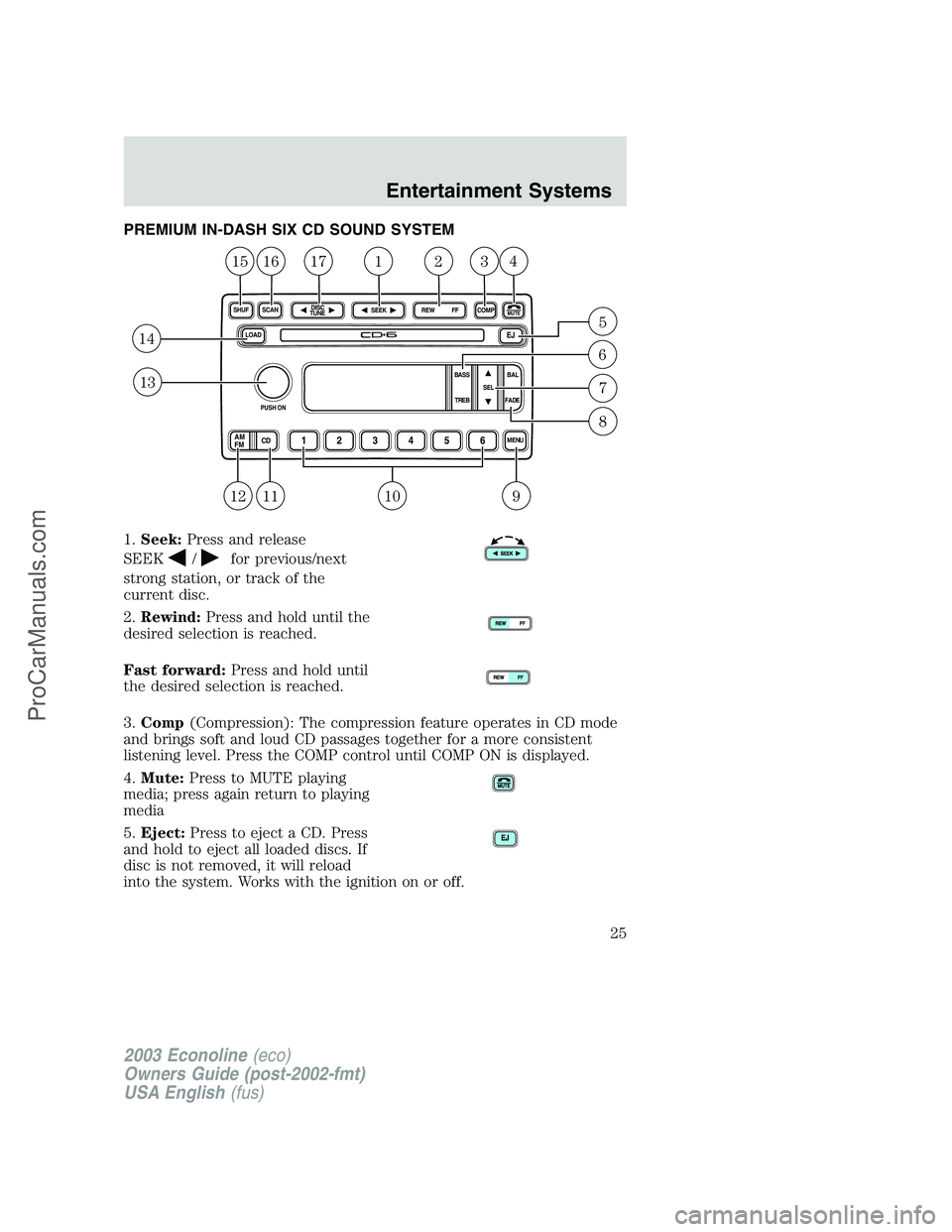 FORD E-350 2003 Owners Manual PREMIUM IN-DASH SIX CD SOUND SYSTEM
1.Seek:Press and release
SEEK
/for previous/next
strong station, or track of the
current disc.
2.Rewind:Press and hold until the
desired selection is reached.
Fast 