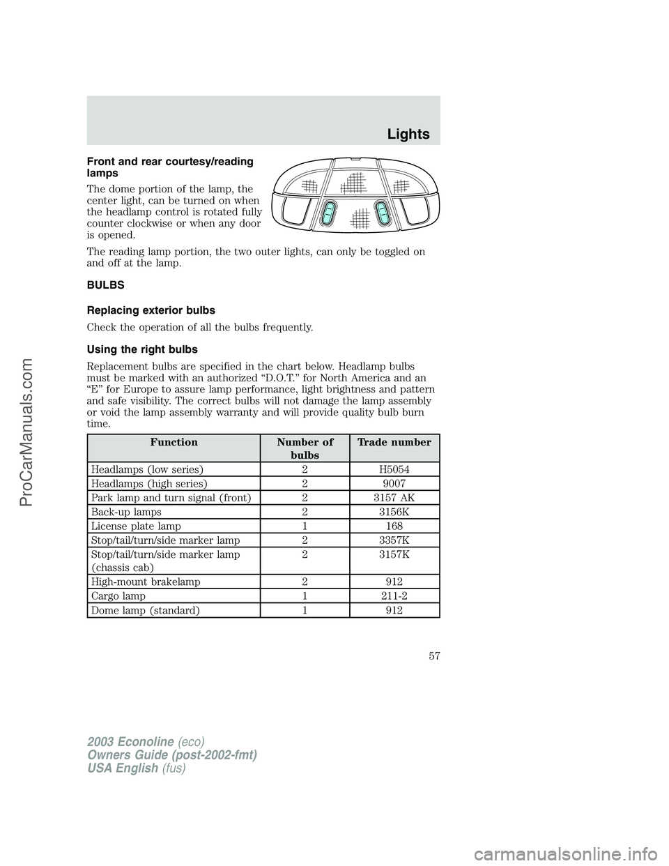 FORD E-350 2003 Owners Manual Front and rear courtesy/reading
lamps
The dome portion of the lamp, the
center light, can be turned on when
the headlamp control is rotated fully
counter clockwise or when any door
is opened.
The read FORD E-350 2003 Owners Manual Front and rear courtesy/reading
lamps
The dome portion of the lamp, the
center light, can be turned on when
the headlamp control is rotated fully
counter clockwise or when any door
is opened.
The read