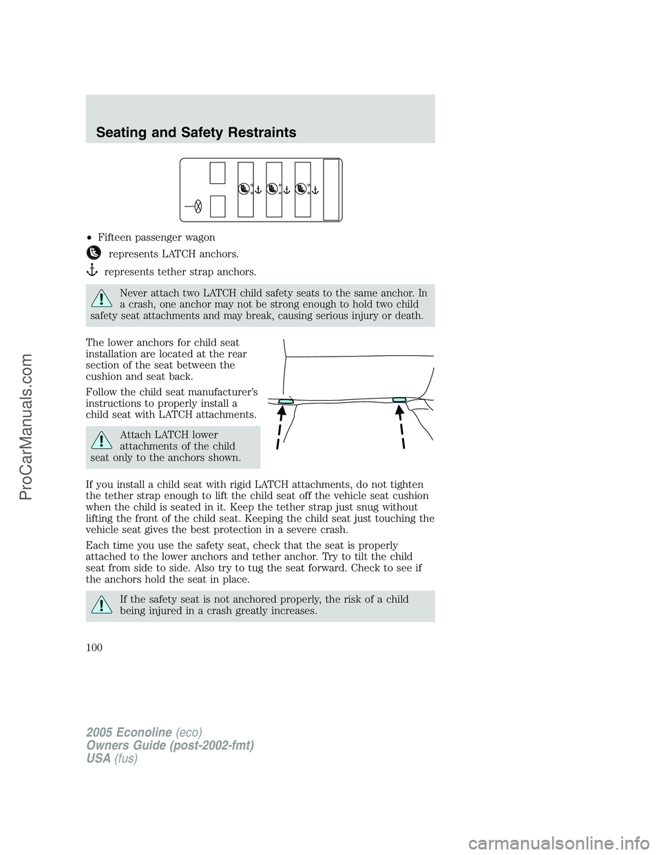 FORD E-350 2005 Owners Manual •Fifteen passenger wagon
represents LATCH anchors.
represents tether strap anchors.
Never attach two LATCH child safety seats to the same anchor. In
a crash, one anchor may not be strong enough to h FORD E-350 2005 Owners Manual •Fifteen passenger wagon
represents LATCH anchors.
represents tether strap anchors.
Never attach two LATCH child safety seats to the same anchor. In
a crash, one anchor may not be strong enough to h