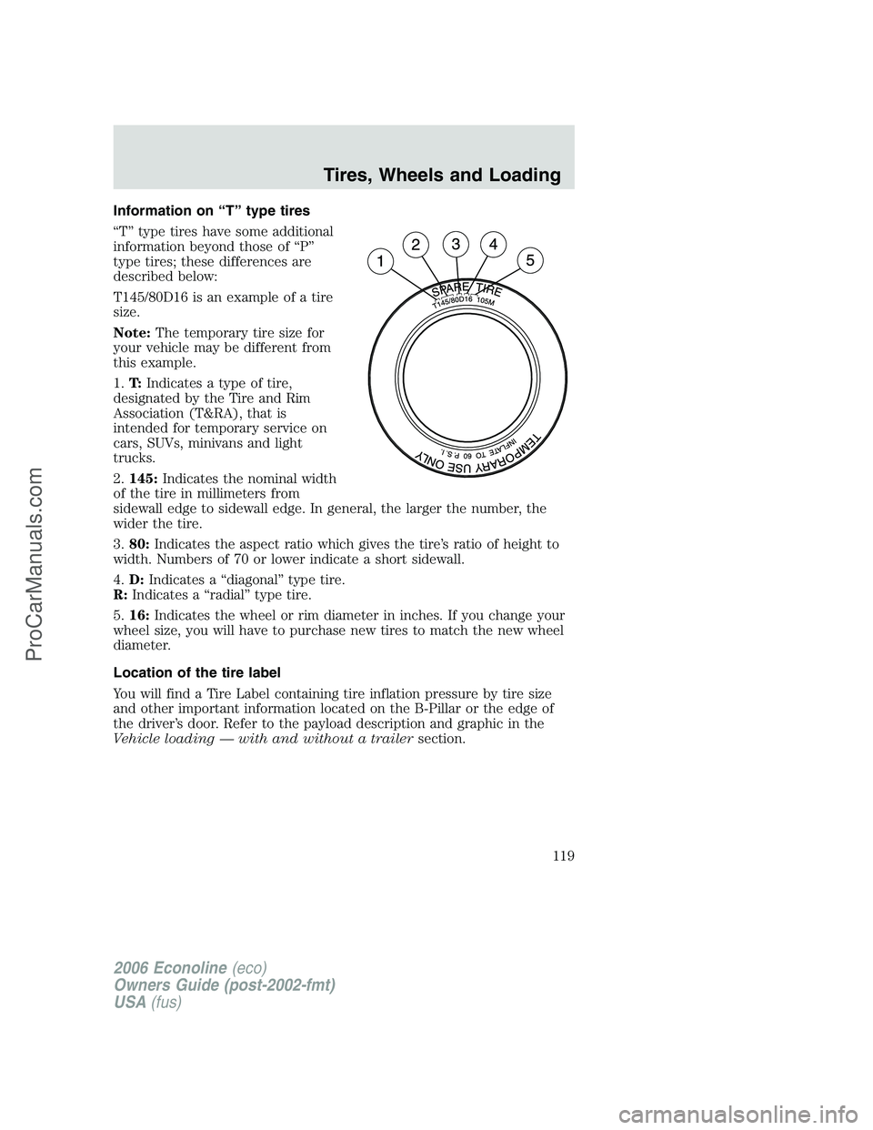 FORD E-350 2006 Owners Manual Information on “T” type tires
“T” type tires have some additional
information beyond those of “P”
type tires; these differences are
described below:
T145/80D16 is an example of a tire
size FORD E-350 2006 Owners Manual Information on “T” type tires
“T” type tires have some additional
information beyond those of “P”
type tires; these differences are
described below:
T145/80D16 is an example of a tire
size