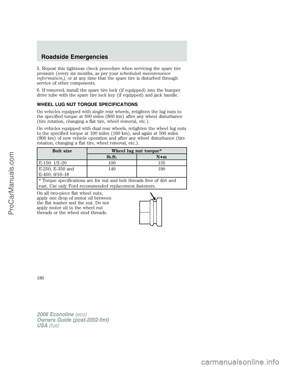 FORD E-350 2006 Owners Manual 5. Repeat this tightness check procedure when servicing the spare tire
pressure (every six months, as per yourscheduled maintenance
information),or at any time that the spare tire is disturbed through FORD E-350 2006 Owners Manual 5. Repeat this tightness check procedure when servicing the spare tire
pressure (every six months, as per yourscheduled maintenance
information),or at any time that the spare tire is disturbed through