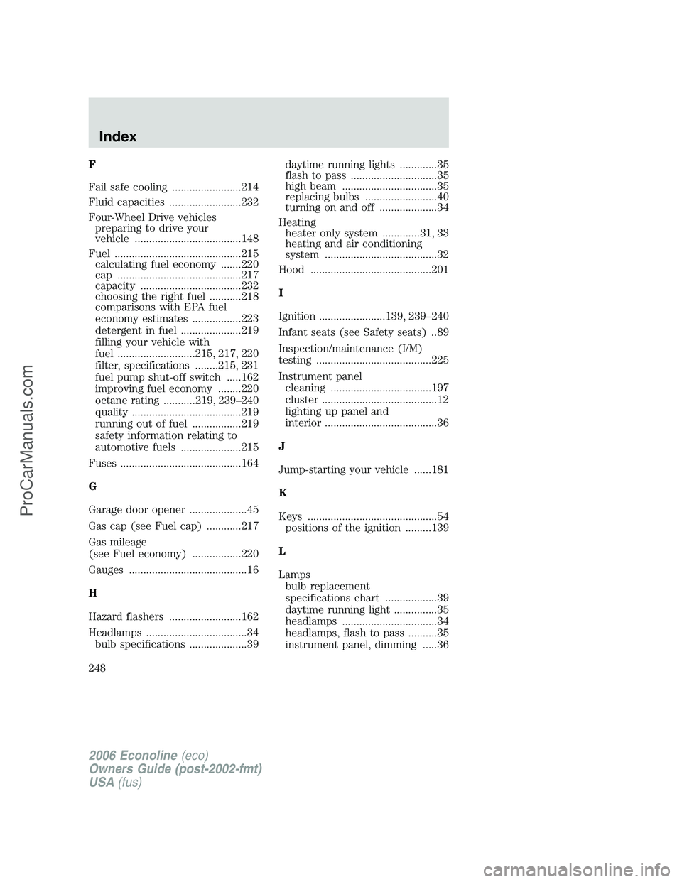 FORD E-350 2006 Owners Manual F
Fail safe cooling ........................214
Fluid capacities .........................232
Four-Wheel Drive vehicles
preparing to drive your
vehicle .....................................148
Fuel .. FORD E-350 2006 Owners Manual F
Fail safe cooling ........................214
Fluid capacities .........................232
Four-Wheel Drive vehicles
preparing to drive your
vehicle .....................................148
Fuel ..