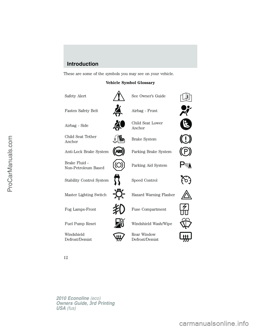 FORD E-350 2010 User Guide These are some of the symbols you may see on your vehicle.
Vehicle Symbol Glossary
Safety Alert
See Owner’s Guide
Fasten Safety BeltAirbag - Front
Airbag - SideChild Seat Lower
Anchor
Child Seat Tet