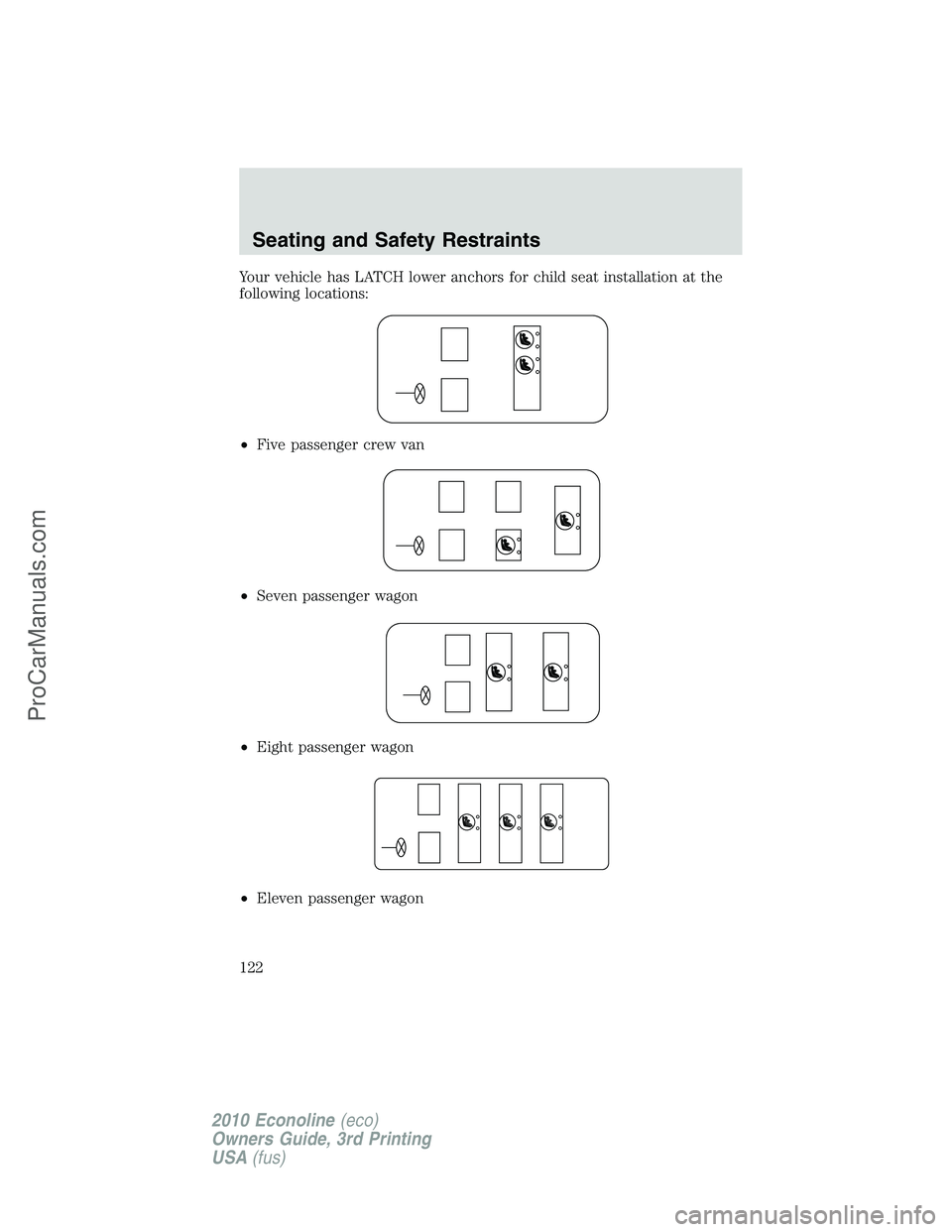 FORD E-350 2010 Owners Manual Your vehicle has LATCH lower anchors for child seat installation at the
following locations:
•Five passenger crew van
•Seven passenger wagon
•Eight passenger wagon
•Eleven passenger wagon
Seat FORD E-350 2010 Owners Manual Your vehicle has LATCH lower anchors for child seat installation at the
following locations:
•Five passenger crew van
•Seven passenger wagon
•Eight passenger wagon
•Eleven passenger wagon
Seat