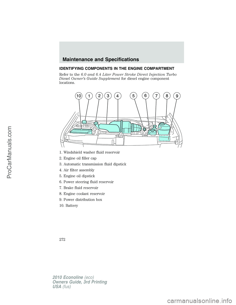 FORD E-350 2010  Owners Manual IDENTIFYING COMPONENTS IN THE ENGINE COMPARTMENT
Refer to the6.0 and 6.4 Liter Power Stroke Direct Injection Turbo
Diesel Owner’s Guide Supplementfor diesel engine component
locations.
1. Windshield