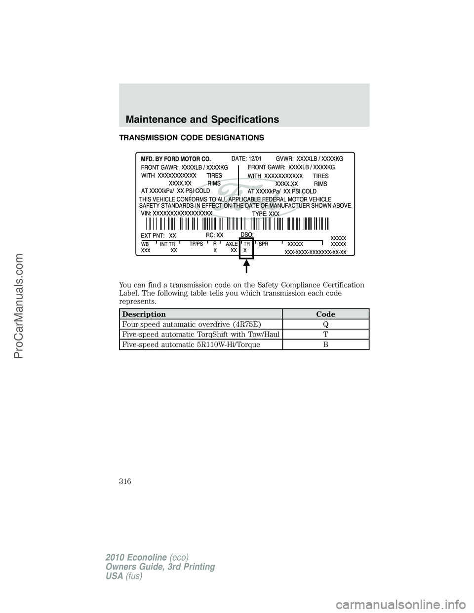 FORD E-350 2010 Owners Manual TRANSMISSION CODE DESIGNATIONS
You can find a transmission code on the Safety Compliance Certification
Label. The following table tells you which transmission each code
represents.
Description Code
Fo FORD E-350 2010 Owners Manual TRANSMISSION CODE DESIGNATIONS
You can find a transmission code on the Safety Compliance Certification
Label. The following table tells you which transmission each code
represents.
Description Code
Fo