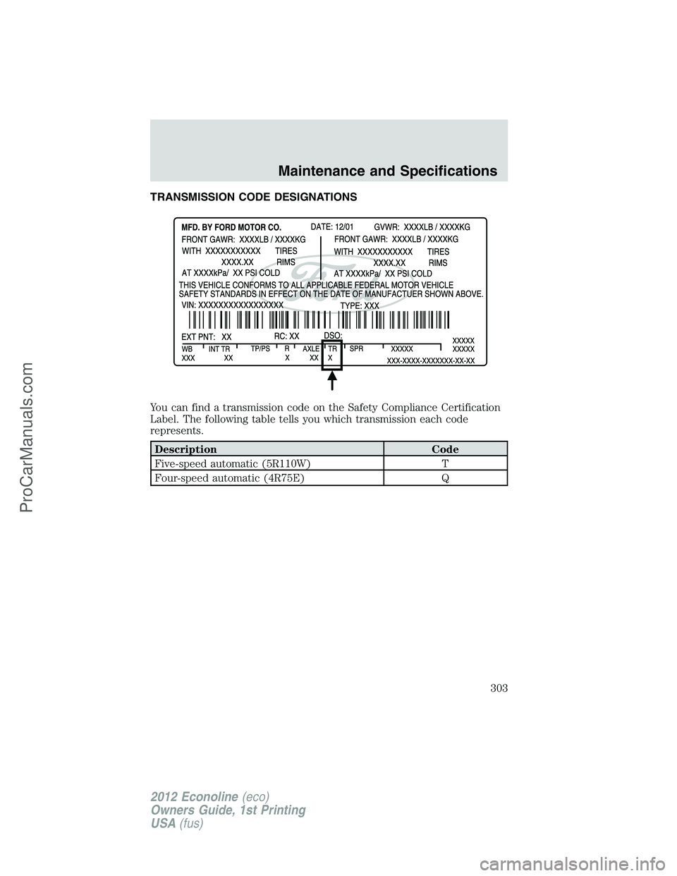 FORD E-350 2012 Owners Manual TRANSMISSION CODE DESIGNATIONS
You can find a transmission code on the Safety Compliance Certification
Label. The following table tells you which transmission each code
represents.
Description Code
Fi FORD E-350 2012 Owners Manual TRANSMISSION CODE DESIGNATIONS
You can find a transmission code on the Safety Compliance Certification
Label. The following table tells you which transmission each code
represents.
Description Code
Fi